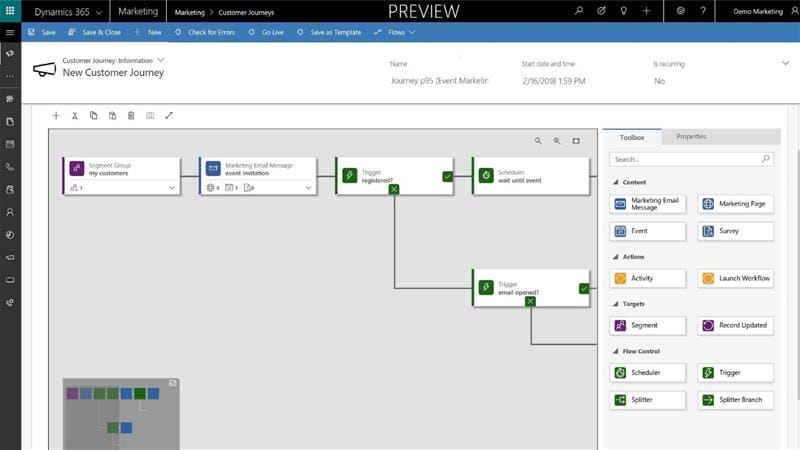 Screenshot of the interface of Microsoft Dynamics creating a customer journey