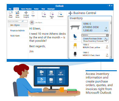 Office worker using outlook- business central integration to reply email while checking inventory